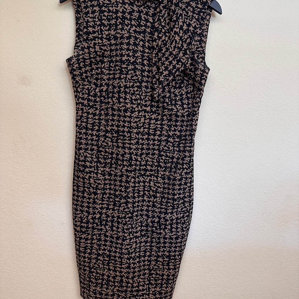 Calvin Klein Black and Tan Houndstooth Midi Sheath Dress